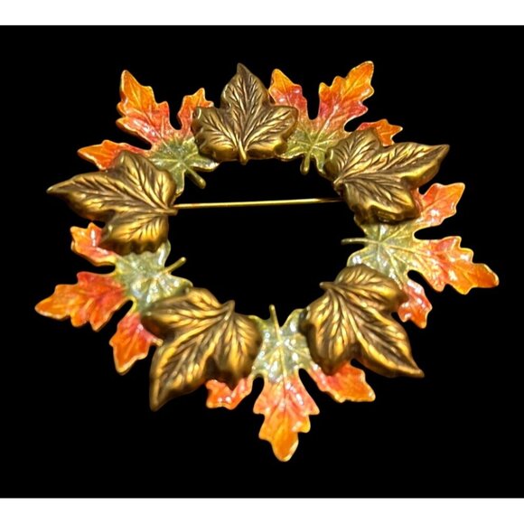 Vtg 1980s Kenneth Cole Gold Tone Autumn Leaf Wreath Lapel Pin Brooch - Picture 2 of 5